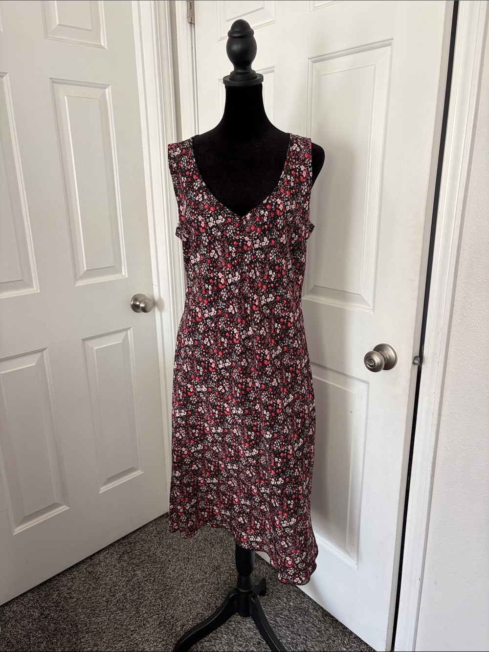 M Collection 90s Black Midi Dress Ditsy Floral Print